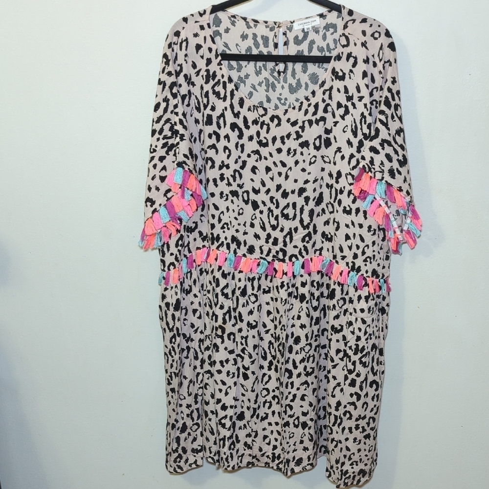 Chicsoul Leopard Print Dress with Colorful Neon Tassels Women's Size 3X